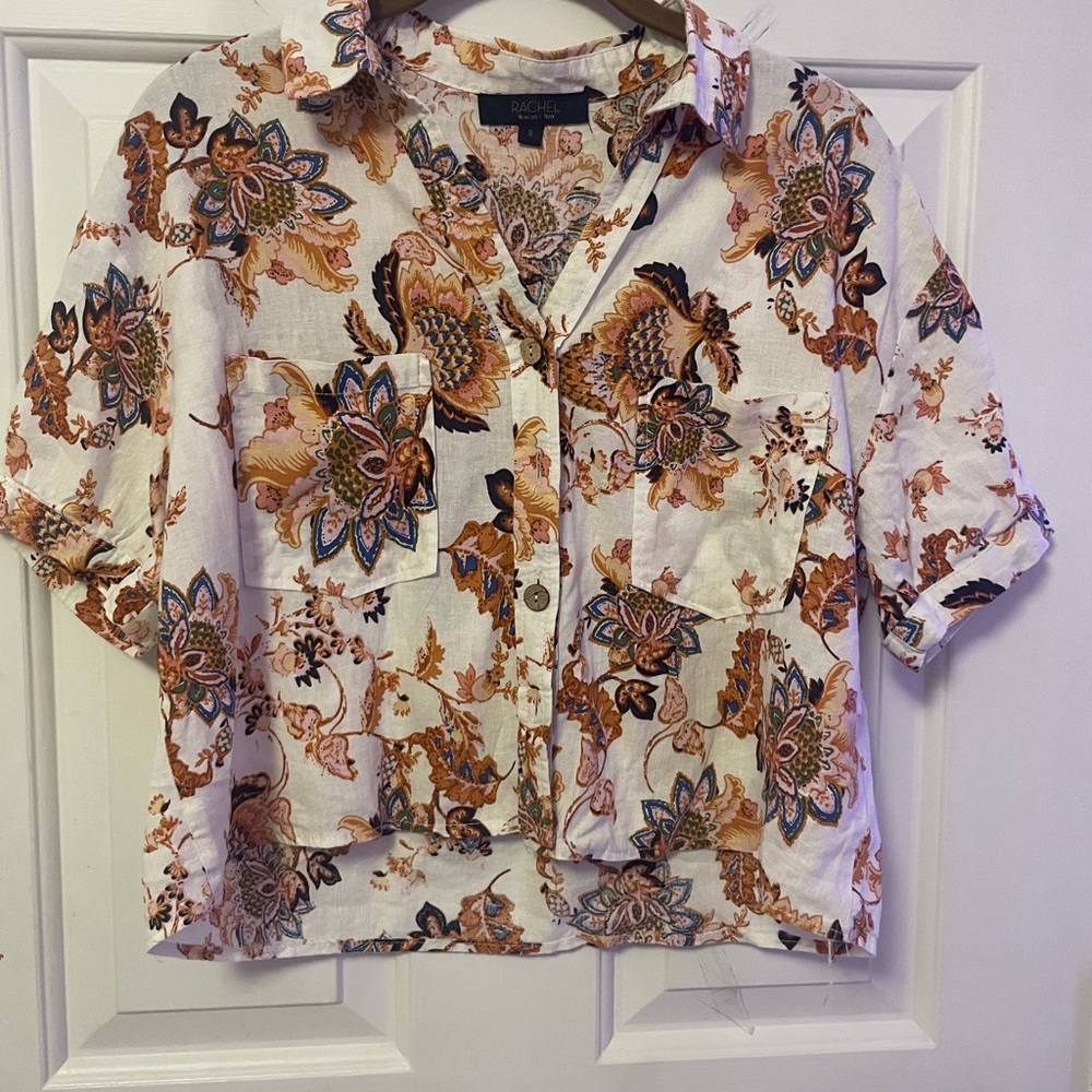 RACHEL Rachel Roy Linen Multicolor Floral Button-Down Shirt Size Small S